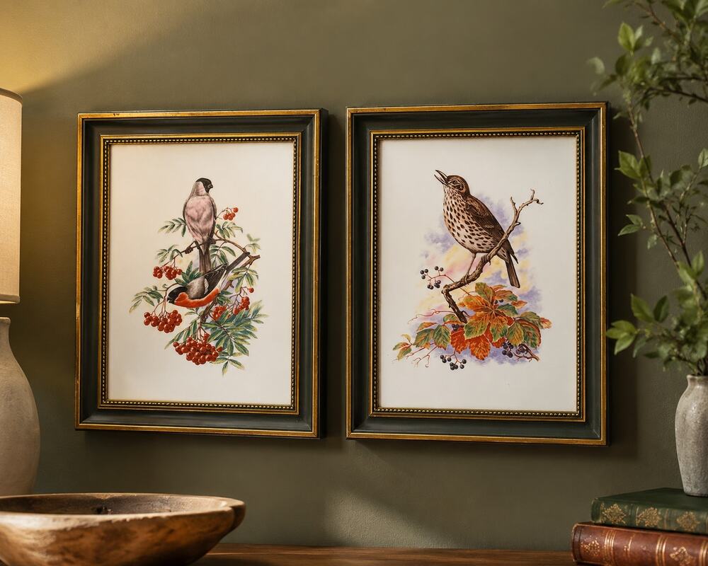 Vintage Heinrich Germany Framed Porcelain Bird Tile Wall Art Pair